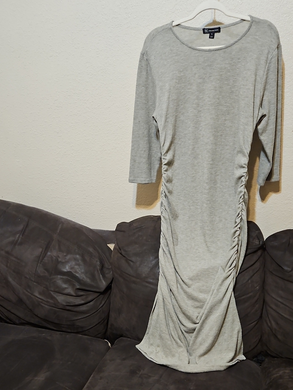INC International Concepts Light Heather Gray Ruched Long Sleeve Midi Dress